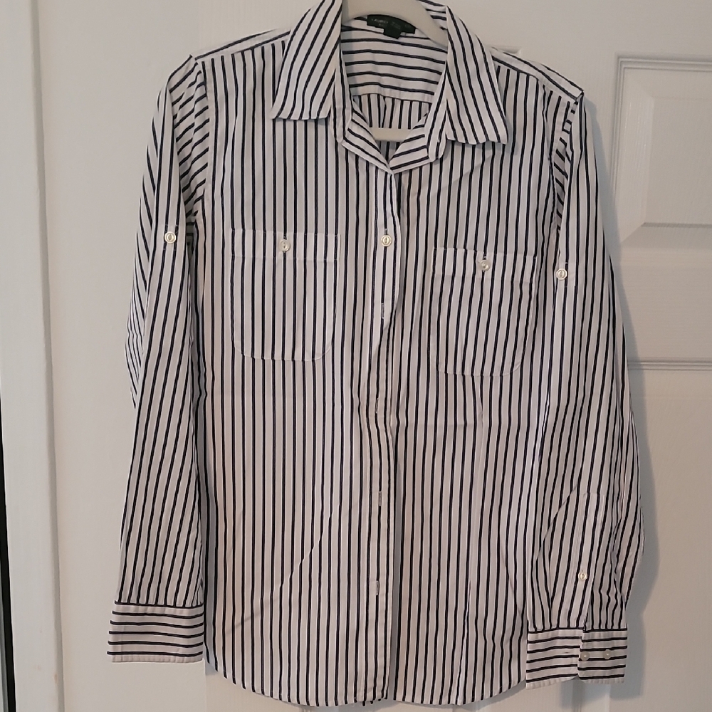 Ralph Lauren White Button-Down Shirt with Black Vertical Stripes
